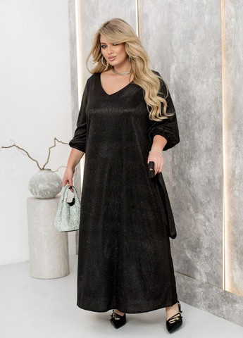 Чорна святковий, коктейльна, вечірня сукня максі з люрексу святкова з довгими рукавами та поясом дзвін, а-силует No Brand однотонна