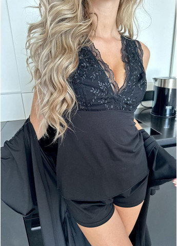 Черная всесезон пижама женская с шортами, черного цвета с кружевом в тон. майка + шорты ORA