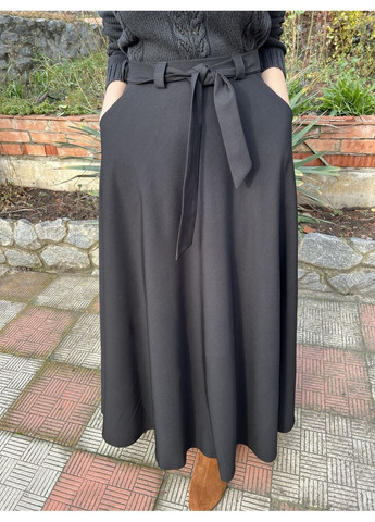 Черная праздничный, повседневная, вечерний, офисная, кэжуал однотонная красивая модная черная хлопковая свободная длинная женская юбка макси клеш полусолнце колокол с поясом с карманами с подкладкой No Brand колокол, пышная, клешированная-солнце, клешированная