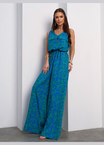 Стильний комбінезон на кулісці з квітковим принтом No Brand комбінезон-брюки квітковий зелений святковий, коктейльний, діловий, повсякденний, кежуал, вечірній