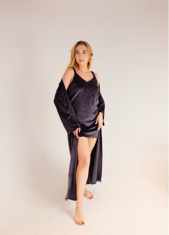 Велюровий домашній комплект 2в1 (Нічна сорочка та довгий халат ) Сірий No Brand 2 в 1 (317640906)