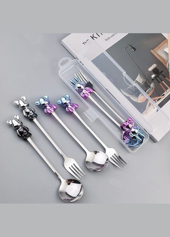 Набор столовых приборов вилка, ложка с декором в виде градиентных медведей с транспортировочным боксом Серебро No Brand (336884612)