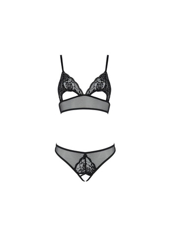 Чорний демісезонний комплект із бралету з ажурним ліфом та відкритими трусиками christa set open bra s/m black Passion