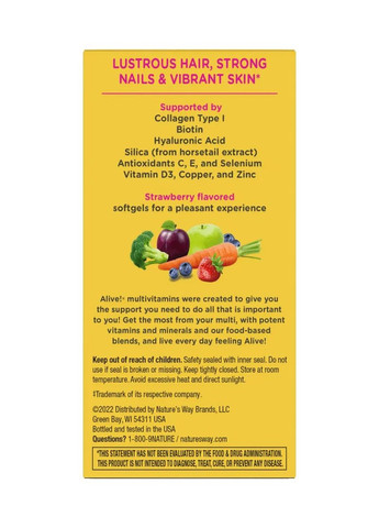 Мультивитамины для волос кожи и ногтей со вкусом клубники Alive! Hair Skin & Nails Multivitamin 60 капсул Nature's Way (361118965)