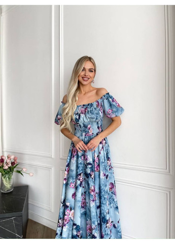 Блакитна святковий, повсякденний, вечірня, пляжна, кежуал жіноча довга сукня з відкритими плечима Vakko з квітковим принтом