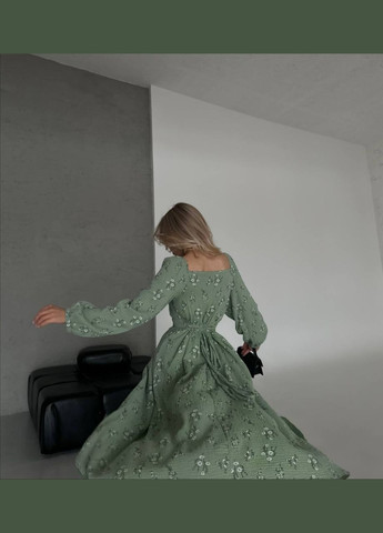 Зеленое женское платье муслин No Brand с цветочным принтом