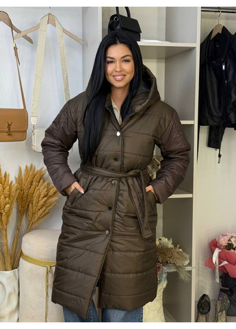 Коричневе демісезонне Зимове стьобане пальто з поясом та об’ємним капюшоном • тепле та стильне • ЗАМІРИ В ОПИСІ Vione