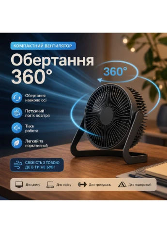 Настільний поворотний USB вентилятор з регулюванням кута нахилу офісний тихий 360 для дому й офісу чорний No Brand (399925878)