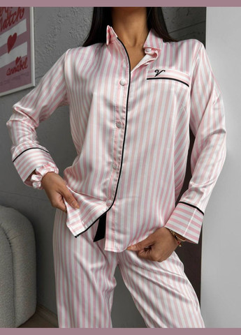Комбинированная всесезон пижама в полоску для дома и сна рубашка + брюки No Brand Пижама женская сатиновая