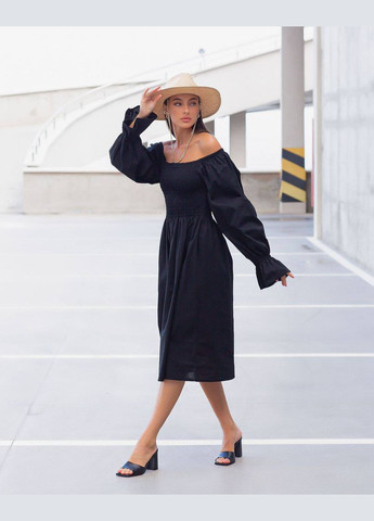 Чорна повсякденний сукня міді з льону з відкритими рукавами а-силует MonCher