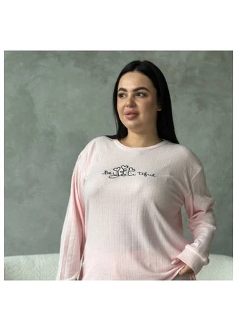 Рожева зимня жіноча піжама plus size рожева, трикотажна, принт вії / домашній комплект великих розмірів, кофта + штани / піжама жіноча No Brand
