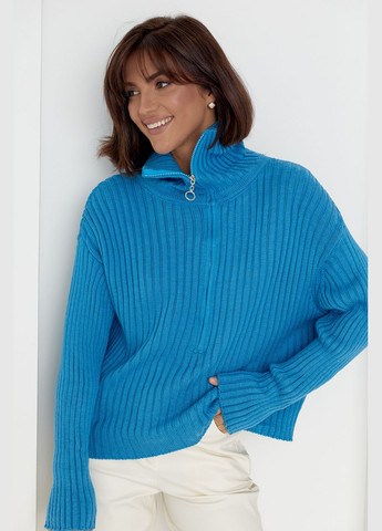 Синій демісезонний светр жіночий з блискавкою на комірі 01013 Lurex