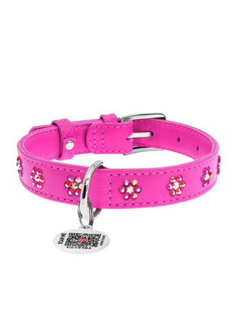 Ошейник для собак кожаный Glamour с QR паспортом, с клеевыми стразами "Цветы", Ш 15 мм, Длин 27-36 см розовый WAUDOG (322002708)