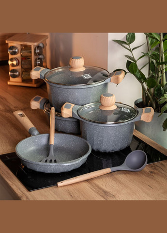 Набор посуды, 3 кастрюли, алюминиевая толстодонная кастрюля с лопаткой и половником серый HP-4-401G MGC (353504598)