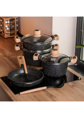 Набір посуду, 3 каструлі, з товстодонною алюмінієвою лопаткою та ополоником, чорний HP-4-401B MGC (368767288)