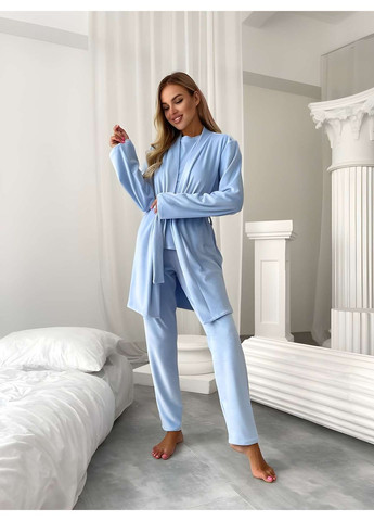 Блакитна зимня жіноча велюрова домашня піжама піжамний комплект трійка зі штанами лавандовий бузковий Україна