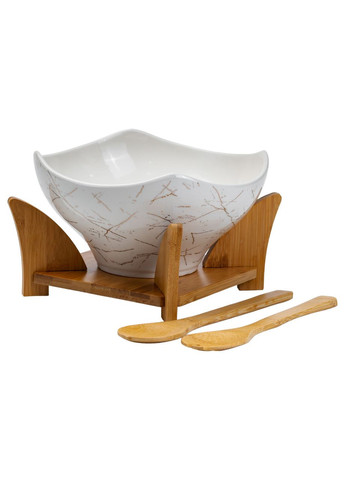 Салатниця га бамбуковій підставці з виделкою і ложкою 22*22*14 см Білий HP1228 Yiwu (353503165)