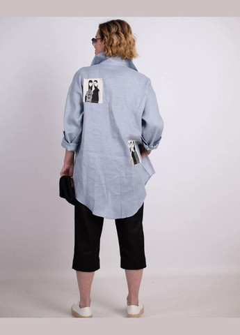 Сорочка жіноча блакитна з нашивками лляна оверсайз MKKS555-1 KAPTSOVA (339869555)