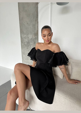 Черное платье мини клеш с пышным рукавом черного цвета 32660 клеш Fashion однотонное