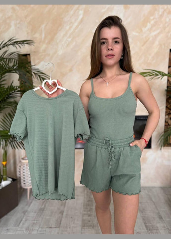 Оливкова піжама жіноча комплект 3 одиниці оливковий (п4к-al-rub-25-002) No Brand