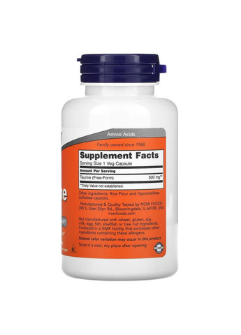 Таурин, 500 мг, 100 капсул Now Foods (336375100)