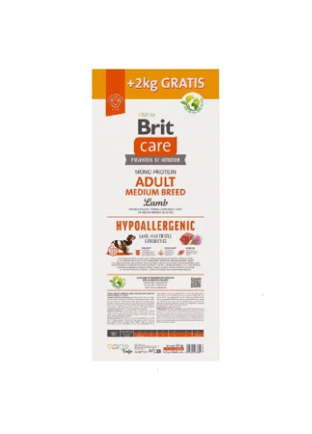 Корм сухий Dog Hypoallergenic Adult Medium Breed для дорослих собак середніх порід гіпоалергенний з ягням 12+2 кг Brit Care (391773256)