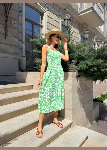 Жіноча літня легка сукня сарафан міді з квітковим принтом штапель зелена Україна (341676015)
