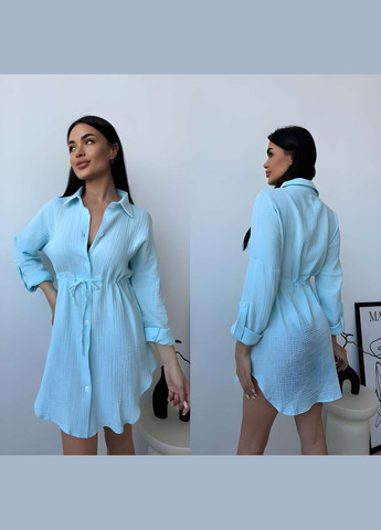 Голубое пляжное, повседневный, кэжуал женское летнее платье-рубашка на пуговицах муслиновое бежевое. Україна