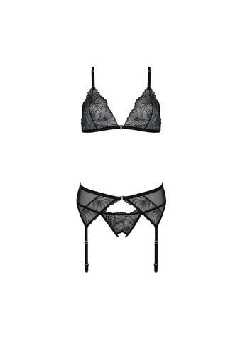 Комбінований демісезонний комплект з відкритим доступом deliena set s/m black, ліф, стрінги, пояс для панчіх Passion