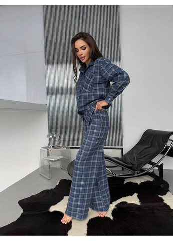 Синяя всесезон женская пижама в клетку рубашка + брюки No Brand
