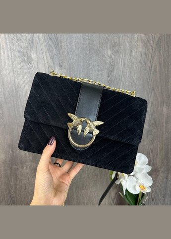 Замшева стьобана сумочка клатч на плече з ланцюжком натуральна чорна замша (sku_1664) No Brand (330576640)