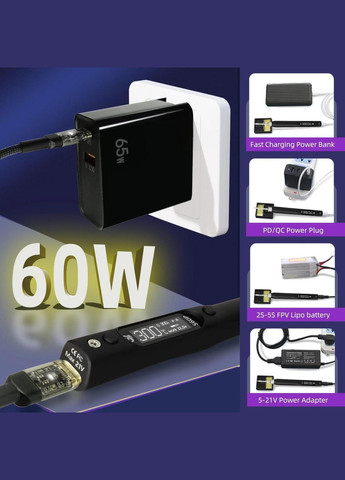 Портативний паяльник Sequre S60P Kit з підтримкою, QC, DC, PPS (21В, 64Вт) з жалом C210 PD (303699620)