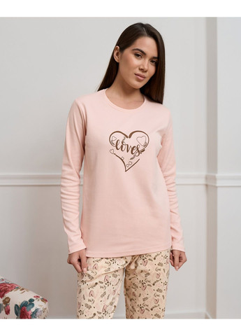 Персикова всесезон піжама жіноча кофта зі штанами інтерлок персикова розмір s, m, l, xl лонгслів + брюки Nicoletta