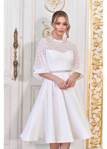 Молочное коктейльное платье с кружевным верхом и расклешенной юбкой 25008 молочное Tanita-Romario
