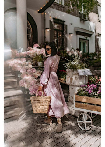 Рожева вечірня плаття з спідницею-сонце, на запах First Woman в горошок