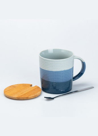 Чашка з бамбуковою кришкою та ложкою керамічна 350 мл Синій TS Kitchen (326066687)