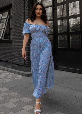 Блакитна повсякденний сукня максі з розрізом та квітковим принтом з відкритими плечима Tik-Tak з квітковим принтом