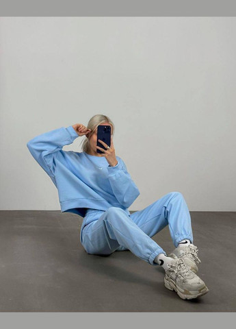 Красивый нежный костюм 2-ка из двухнитки с вышитой эмблемой "Nike" на груди, приятный к телу голубой спортивный костюм двойка No Brand 1086-3 (279765832)