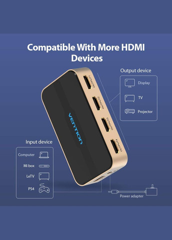 Сплиттер HDMI Splitter 4K@30Hz Gold Aluminum Alloy Type EU Standard (ACCG0EU) Vention 1 In 4 Out (315142554)