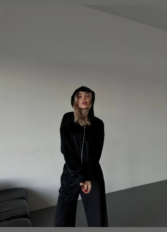 Жіночий костюм з велюру: укорочене худі на блискавці та широкі штани MonCher (338186175)