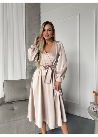 Бежевое платье 1706 двойной плотный шелк, с поясом и рукавами Україна