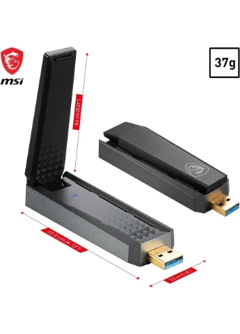 Адаптер Wi-Fi 6 AX1800, мережева карта WLAN до 1800 Мбіт/с, USB 3.2 Gen 1 Type-A, MU-MIMO з антеною та підставкою, WPA3 MSI (373948485)