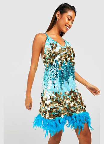 Комбинированное платье мини с пайетками и перьями эксклюзив Boohoo