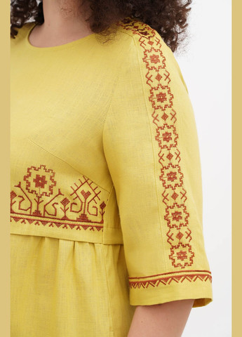 Жовтий вишита лляна сукня з квітковим геометричним орнаментом мірося великі розміри (plus size)., р., код 0409/60/1318 ГАЛЕРЕЯ ЛЬОНУ
