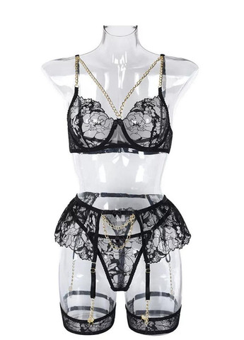 Черный демисезонный соблазнительный женский комплект белья с цепочками нижнее белье с гантерами на поясе женский стильный набор с аксессуарами Cindylove