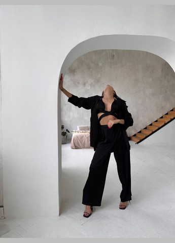 Вільний чорний шовковий костюм трійка в піжамному стилі, літній костюм (топ+сорочка+штани) у розмірі 42-46 No Brand 135 (291840109)