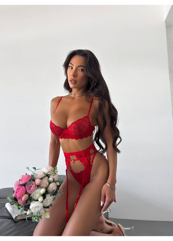 Червоний демісезонний мереживний комплект білизни з поясом No Brand