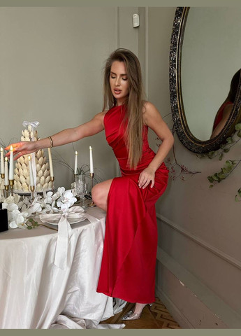 Красное праздничный, коктейльное, вечернее платье с драпировкой в сатине силуэтная Україна