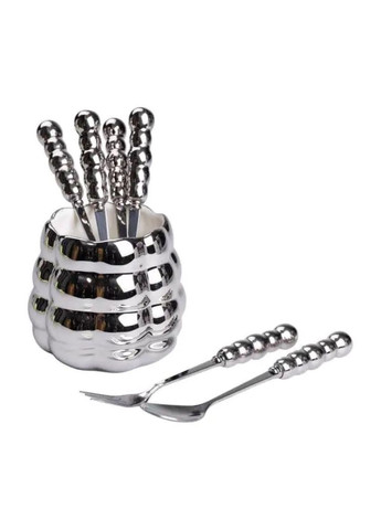 Набір десертних виделок і ложок на 3 персони з підставкою з порцелянау 7 предметів Сірий HP-20-61 Yiwu (370973869)