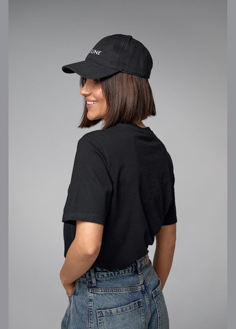 Черная летняя хлопковая женская футболка с вышитой надписью 2415 с коротким рукавом Lurex